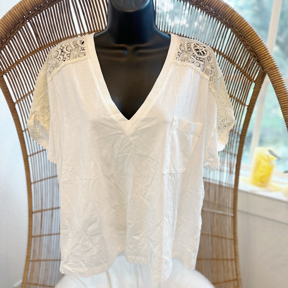 Nude White Top Cream Lace Shoulder Sleeve Size 44 NWT Cotton (Nude) T Shirt